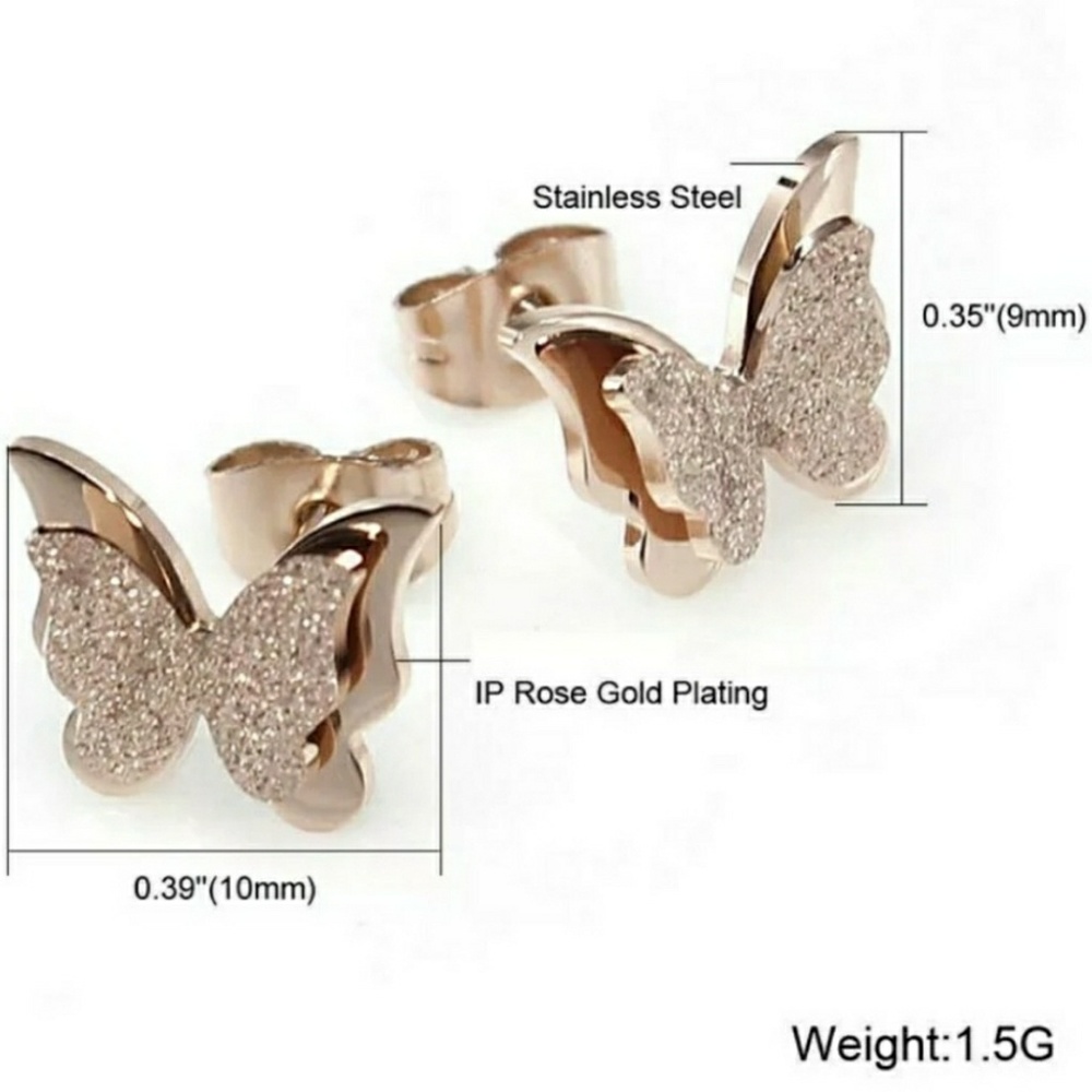 Rose gold stainless steel butterfly earrings. - Picture 3 of 5